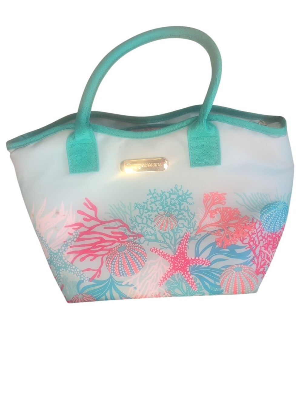 Tupperware Insulated Lunch Tote Beach Coral Starfish Print Aqua Cooler Bag Coast - Picture 2 of 9